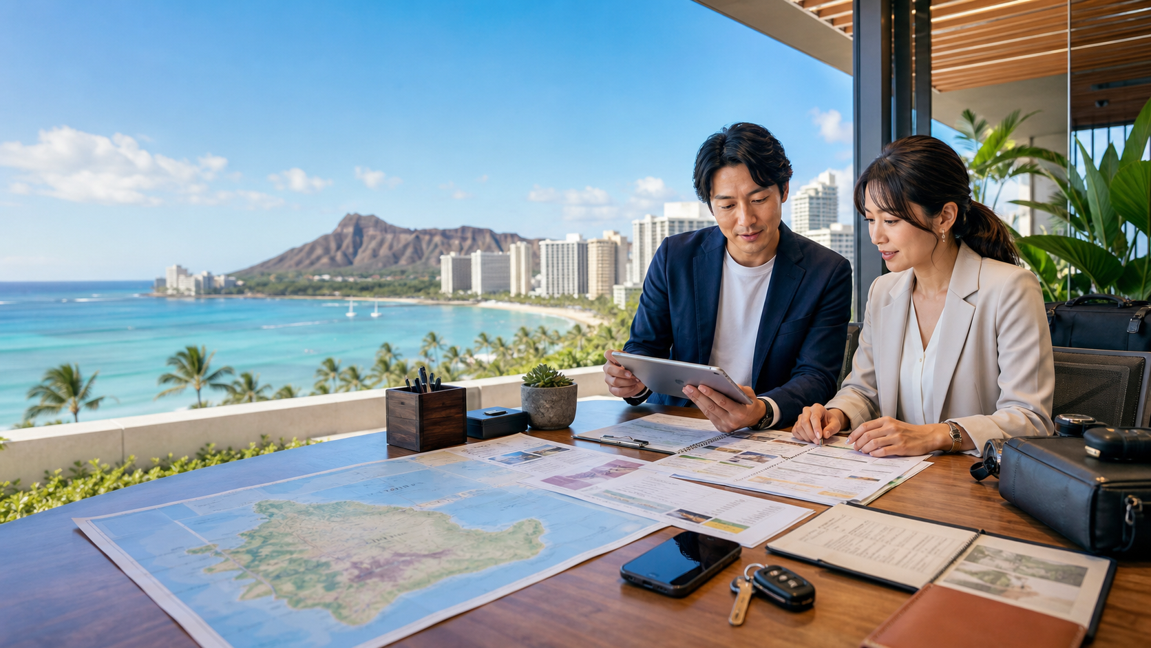 ハワイの現地コーディネーターが日本企業の担当者と手配内容を確認している様子